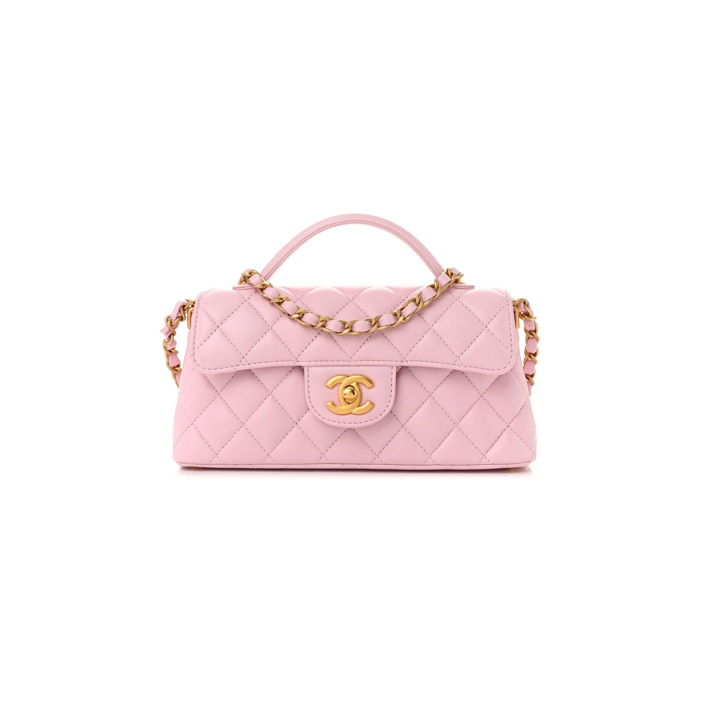 CHANEL LAMBSKIN QUILTED MINI FLAP TOP HANDLE BAG LIGHT PINK (20*14*5.6cm) 